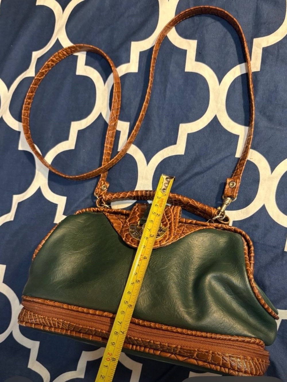 Green and Tan Leather Crossbody Bag with Croc-Textured Trim